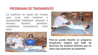 PROGRAMA DE TRATAMIENTO
La medicina no posee los medios
para curar este trastorno o
discapacidad intelectual, asociado a
diversos factores: genéticos,
metabólicos, traumatismos, entre
otros.
Pero se puede diseñar un programa
terapéutico integral que trate de
disminuir los diversos factores que en
cada caso particular se presenten.
 