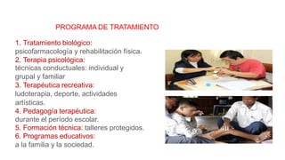 PROGRAMA DE TRATAMIENTO
1. Tratamiento biológico:
psicofarmacología y rehabilitación física.
2. Terapia psicológica:
técnicas conductuales: individual y
grupal y familiar
3. Terapéutica recreativa:
ludoterapia, deporte, actividades
artísticas.
4. Pedagogía terapéutica:
durante el período escolar.
5. Formación técnica: talleres protegidos.
6. Programas educativos:
a la familia y la sociedad.
 