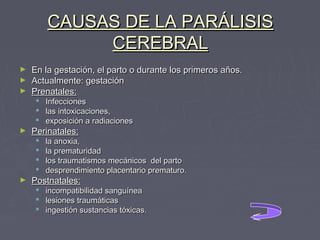 CAUSAS DE LA PARÁLISIS
CEREBRAL
►
►
►

En la gestación, el parto o durante los primeros años.
Actualmente: gestación
Prenatales:
 Infecciones
 las intoxicaciones,
 exposición a radiaciones

►

Perinatales:





►

la anoxia,
la prematuridad
los traumatismos mecánicos  del parto
desprendimiento placentario prematuro.

Postnatales:




incompatibilidad sanguínea
lesiones traumáticas
ingestión sustancias tóxicas.

 
