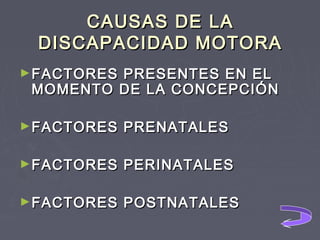 CAUSAS DE LA
DISCAPACIDAD MOTORA
► FACTORES

PRESENTES EN EL
MOMENTO DE LA CONCEPCIÓN

► FACTORES

PRENATALES

► FACTORES

PERINATALES

► FACTORES

POSTNATALES

 