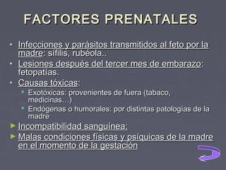 FACTORES PRENATALES
•
•
•

Infecciones y parásitos transmitidos al feto por la
madre: sífilis, rubéola..
Lesiones después del tercer mes de embarazo :
fetopatías.
Causas tóxicas:

 Exotóxicas: provenientes de fuera (tabaco,
medicinas…)
 Endógenas o humorales: por distintas patologías de la
madre

► Incompatibilidad sanguínea:

► Malas condiciones físicas y psíquicas de la madre

en el momento de la gestación

 