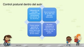 Control postural dentro del aula:
Utilización de
una silla
adaptada a las
necesidades
educativas de
los alumnos.
Que la posición
de la silla sea
siempre
adecuada.
Como norma
general el
tablero de la
mesa tiene que
quedar a nivel
de los codos.
Se debe
mantener al
alumno a la
misma altura de
trabajo del
grupo.
Nayeli Cocom 6
 