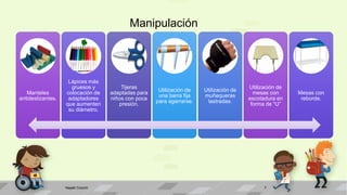 Manipulación
Manteles
antideslizantes.
Lápices más
gruesos y
colocación de
adaptadores
que aumenten
su diámetro.
Tijeras
adaptadas para
niños con poca
presión.
Utilización de
una barra fija
para agarrarse.
Utilización de
muñequeras
lastradas.
Utilización de
mesas con
escotadura en
forma de “U”
Mesas con
reborde.
Nayeli Cocom 7
 