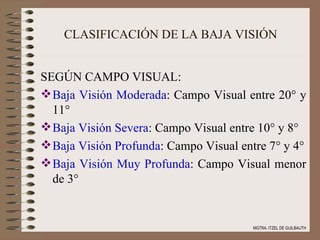 CLASIFICACIÓN DE LA BAJA VISIÓN SEGÚN CAMPO VISUAL: Baja Visión Moderada : Campo Visual entre 20° y 11°   Baja Visión Severa : Campo Visual entre 10° y 8° Baja Visión Profunda : Campo Visual entre 7° y 4° Baja Visión Muy Profunda : Campo Visual menor de 3° MGTRA. ITZEL DE GUILBAUTH 