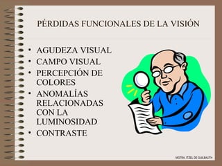 PÉRDIDAS FUNCIONALES DE LA VISIÓN AGUDEZA VISUAL CAMPO VISUAL PERCEPCIÓN DE COLORES ANOMALÍAS RELACIONADAS CON LA LUMINOSIDAD CONTRASTE MGTRA. ITZEL DE GUILBAUTH 
