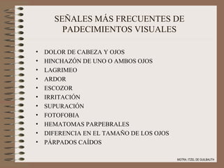 SEÑALES MÁS FRECUENTES DE PADECIMIENTOS VISUALES DOLOR DE CABEZA Y OJOS HINCHAZÓN DE UNO O AMBOS OJOS LAGRIMEO ARDOR ESCOZOR IRRITACIÓN SUPURACIÓN  FOTOFOBIA HEMATOMAS PARPEBRALES DIFERENCIA EN EL TAMAÑO DE LOS OJOS PÁRPADOS CAÍDOS MGTRA. ITZEL DE GUILBAUTH 
