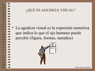 ¿QUÉ ES AGUDEZA VISUAL? La agudeza visual es la expresión numérica que indica lo que el ojo humano puede percibir (figura, formas, tamaños) MGTRA. ITZEL DE GUILBAUTH 