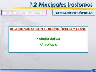 1.2 Principales trastornos
TRASTORNOS FUNCIONALES       ALTERACIONES ÓPTICAS



   RELACIONADAS CON EL NERVIO ÓPTICO Y EL SNC


                 •Atrofia óptica
                   •Ambliopía
 