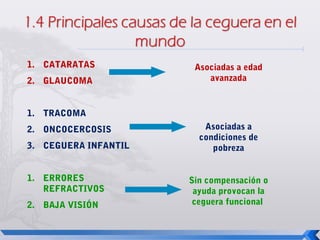 1. CATARATAS           Asociadas a edad
2. GLAUCOMA               avanzada


1. TRACOMA
2. ONCOCERCOSIS          Asociadas a
                        condiciones de
3. CEGUERA INFANTIL        pobreza


1. ERRORES            Sin compensación o
   REFRACTIVOS         ayuda provocan la
2. BAJA VISIÓN         ceguera funcional
 