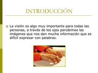 INTRODUCCIÓN


La visión es algo muy importante para todas las
personas, a través de los ojos percibimos las
imágenes que nos dan mucha información que es
difícil expresar con palabras.

 
