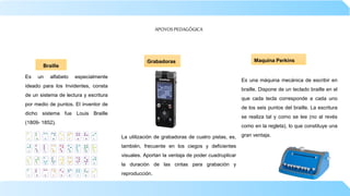 APOYOSPEDAGÓGICA
Braille
Grabadoras Maquina Perkins
Es un alfabeto especialmente
ideado para los Invidentes, consta
de un sistema de lectura y escritura
por medio de puntos. El inventor de
dicho sistema fue Louis Braille
(1809- 1852).
La utilización de grabadoras de cuatro pistas, es,
también, frecuente en los ciegos y deficientes
visuales. Aportan la ventaja de poder cuadruplicar
la duración de las cintas para grabación y
reproducción.
Es una máquina mecánica de escribir en
braille. Dispone de un teclado braille en el
que cada tecla corresponde a cada uno
de los seis puntos del braille. La escritura
se realiza tal y como se lee (no al revés
como en la regleta), lo que constituye una
gran ventaja.
 