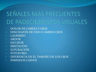 • DOLOR DE CABEZA Y OJOS
• HINCHAZÓN DE UNO O AMBOS OJOS
• LAGRIMEO
• ARDOR
• ESCOZOR
• IRRITACIÓN
• SUPURACIÓN
• FOTOFOBIA
• DIFERENCIA EN EL TAMAÑO DE LOS OJOS
• PÁRPADOS CAÍDOS
 