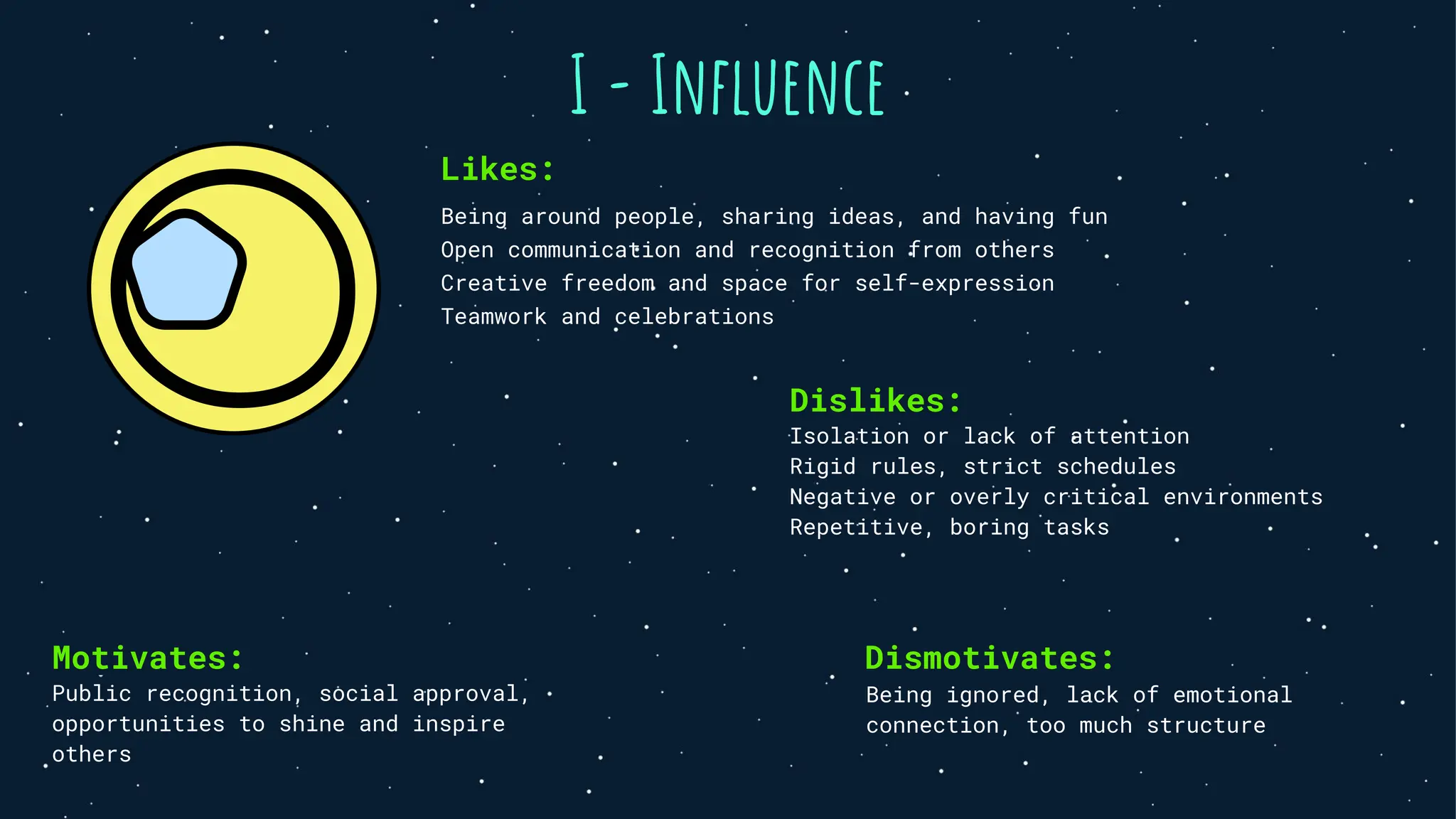 I - Inﬂuence
Likes:
Being around people, sharing ideas, and having fun
Open communication and recognition from others
Creative freedom and space for self-expression
Teamwork and celebrations
Dislikes:
Isolation or lack of attention
Rigid rules, strict schedules
Negative or overly critical environments
Repetitive, boring tasks
Motivates:
Public recognition, social approval,
opportunities to shine and inspire
others
Dismotivates:
Being ignored, lack of emotional
connection, too much structure
 