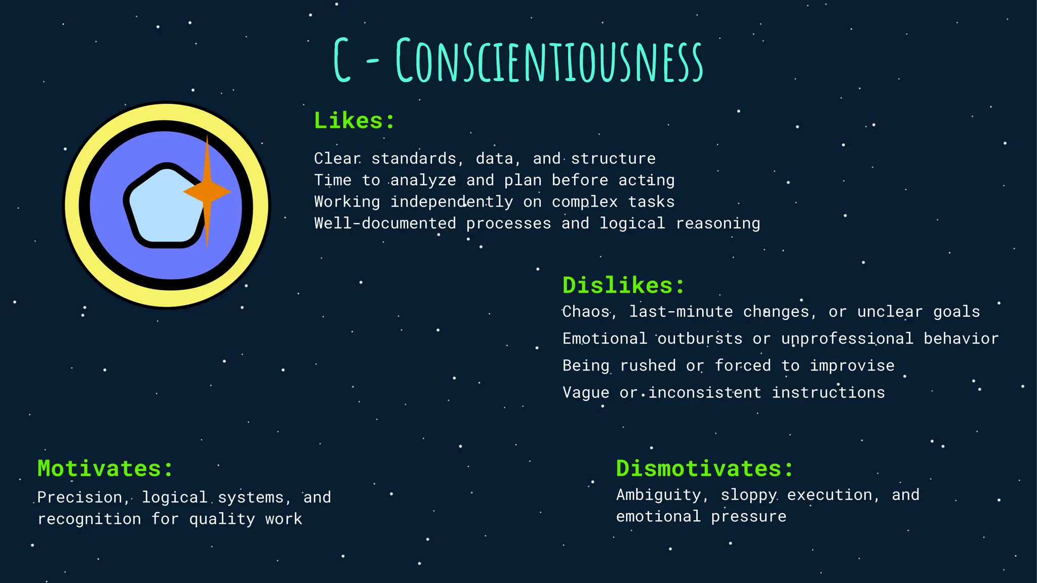 C - Conscientiousness
Likes:
Clear standards, data, and structure
Time to analyze and plan before acting
Working independently on complex tasks
Well-documented processes and logical reasoning
Dislikes:
Chaos, last-minute changes, or unclear goals
Emotional outbursts or unprofessional behavior
Being rushed or forced to improvise
Vague or inconsistent instructions
Motivates:
Precision, logical systems, and
recognition for quality work
Dismotivates:
Ambiguity, sloppy execution, and
emotional pressure
 