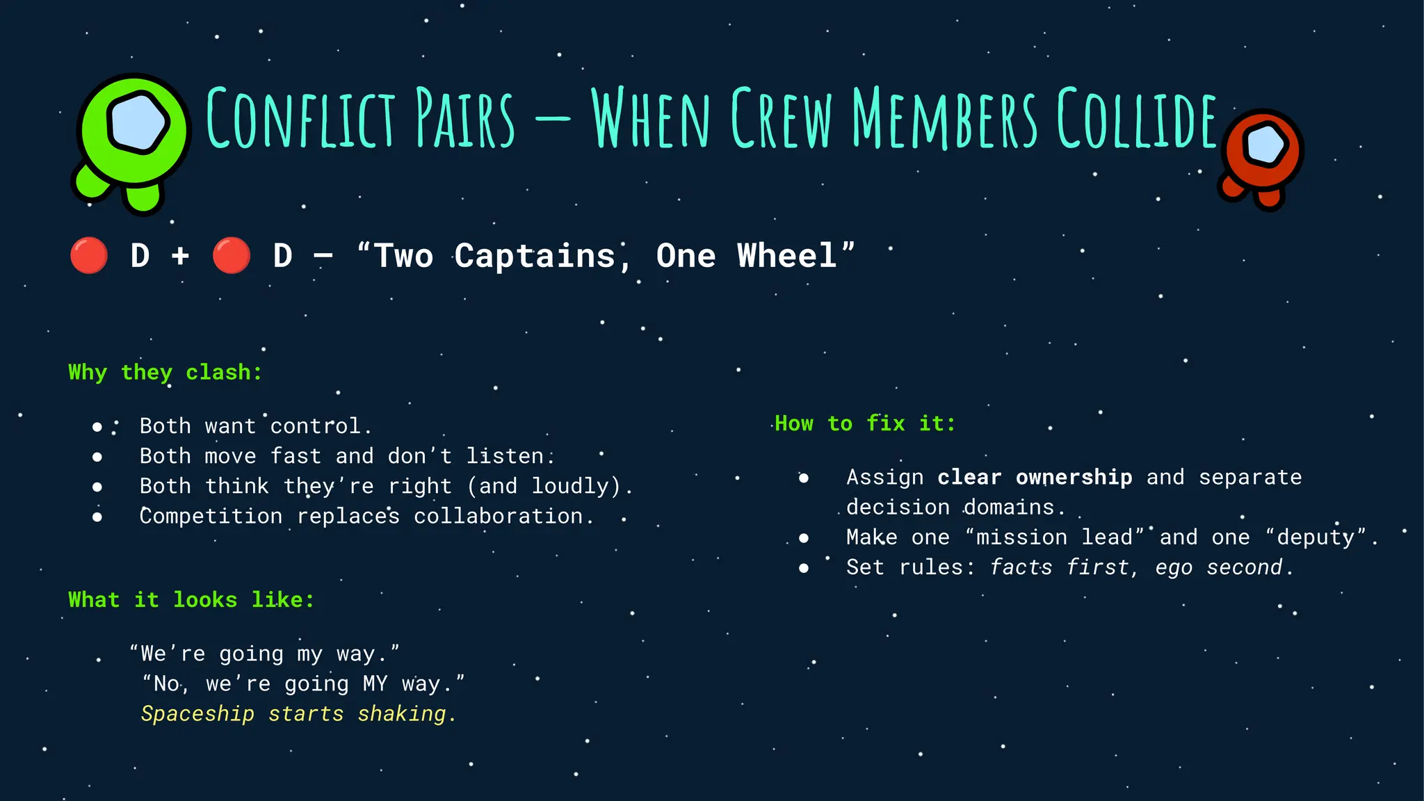🔴 D + 🔴 D — “Two Captains, One Wheel”
Why they clash:
● Both want control.
● Both move fast and don’t listen.
● Both think they’re right (and loudly).
● Competition replaces collaboration.
What it looks like:
“We’re going my way.”
“No, we’re going MY way.”
Spaceship starts shaking.
Conﬂict Pairs — When Crew Members Collide
How to fix it:
● Assign clear ownership and separate
decision domains.
● Make one “mission lead” and one “deputy”.
● Set rules: facts first, ego second.
 