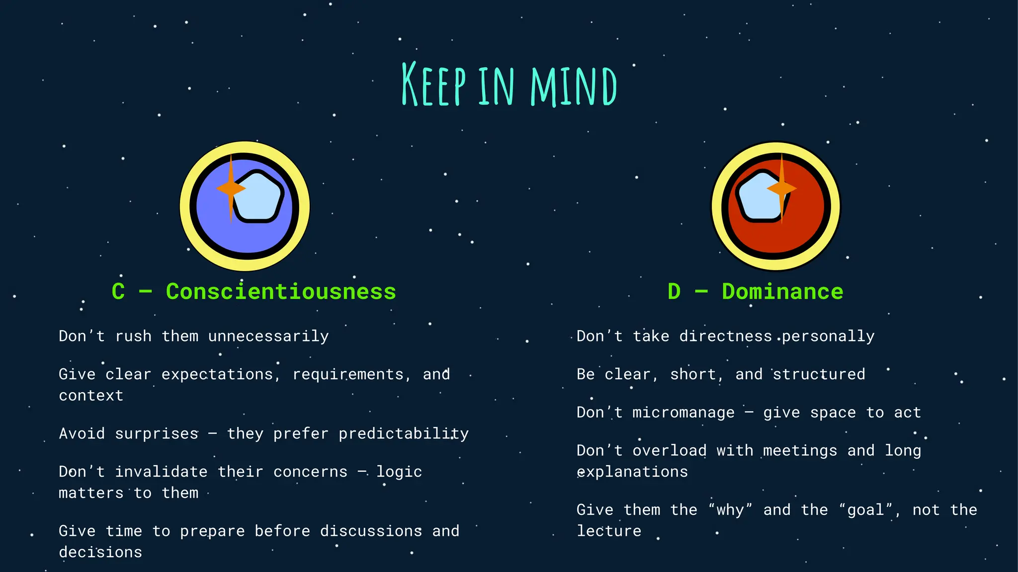 Keep in mind
C — Conscientiousness
Don’t rush them unnecessarily
Give clear expectations, requirements, and
context
Avoid surprises — they prefer predictability
Don’t invalidate their concerns — logic
matters to them
Give time to prepare before discussions and
decisions
D — Dominance
Don’t take directness personally
Be clear, short, and structured
Don’t micromanage — give space to act
Don’t overload with meetings and long
explanations
Give them the “why” and the “goal”, not the
lecture
 