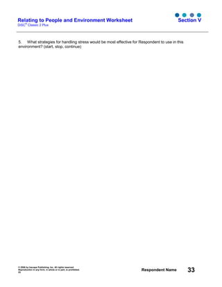 © 2006 by Inscape Publishing, Inc. All rights reserved.
Reproduction in any form, in whole or in part, is prohibited.
53
Respondent Name 33
Relating to People and Environment Worksheet
DiSC
®
Classic 2 Plus
Section V
5. What strategies for handling stress would be most effective for Respondent to use in this
environment? (start, stop, continue)
 