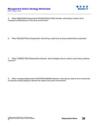 © 2006 by Inscape Publishing, Inc. All rights reserved.
Reproduction in any form, in whole or in part, is prohibited.
53
Respondent Name 38
Management Action Strategy Worksheet
DiSC
®
Classic 2 Plus
Section V
5. When MANAGING Respondent's PROBLEM-SOLVING activities, what will you need to do to
increase his effectiveness in this work environment?
6. When DELEGATING to Respondent, what will you need to do to ensure performance outcomes?
7. When CORRECTING Respondent's behavior, what strategies will you need to use to have a positive
outcome?
8. When managing Respondent's DECISION-MAKING behavior, what will you need to do to ensure that
his decision-making behavior matches the needs of this work environment?
 
