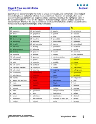 © 2006 by Inscape Publishing, Inc. All rights reserved.
Reproduction in any form, in whole or in part, is prohibited.
53
Respondent Name 5
Stage II: Your Intensity Index Section I
DiSC
®
Classic 2 Plus
Each of us has a set of strengths that make us unique and valuable, and we like to be acknowledged
for our strengths, as well as feel effective in our environment. However, any strength, when used
excessively or inappropriately, can be perceived as a weakness. Read over the highlighted words in
the four columns below. These are the adjectives that describe High, Medium, and Low behavior for
each dimension. Then turn the page to learn more about your Intensity Index and how you can become
more aware of your potential strengths and weaknesses.
D i S C
28 egocentric 28 enthusiastic 28 passive 28 perfectionist
27 direct 27 gregarious 27 patient 27 accurate
26 daring 26 persuasive 26 loyal 26 fact-finder
25 domineering 25 impulsive 25 predictable 25 diplomatic
24 demanding 24 emotional 24 team-person 24 systematic
23 forceful 23 self-promoting 23 serene 23 conventional
22 risk-taker 22 trusting 22 possessive 22 courteous
21 adventuresome 21 influential 21 complacent 21 careful
20 decisive 20 pleasant 20 inactive 20 restrained
19 inquisitive 19 sociable 19 relaxed 19 high standards
18 self-assured 18 generous 18 nondemonstrative 18 analytical
17 competitive 17 poised 17 deliberate 17 sensitive
16 quick 16 charming 16 amiable 16 mature
15 self-reliant 15 confident 15 stable 15 evasive
14 calculated risk-taker 14 convincing 14 mobile 14 “own person”
13 self-critical 13 observing 13 outgoing 13 self-righteous
12 unassuming 12 discriminating 12 alert 12 opinionated
11 self-effacing 11 reflective 11 eager 11 persistent
10 realistic 10 factual 10 critical 10 independent
9 weighs pros and cons 9 logical 9 discontented 9 rigid
8 meek 8 controlled 8 fidgety 8 firm
7 conservative 7 retiring 7 impetuous 7 stubborn
6 peaceful 6 suspicious 6 restless 6 arbitrary
5 mild 5 pessimistic 5 change-oriented 5 rebellious
4 quiet 4 aloof 4 fault-finding 4 defiant
3 unsure 3 withdrawn 3 spontaneous 3 obstinate
2 dependent 2 self-conscious 2 frustrated by status quo 2 tactless
1 modest 1 reticent 1 active 1 sarcastic
 