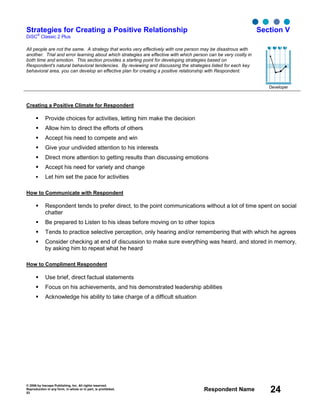 © 2006 by Inscape Publishing, Inc. All rights reserved.
Reproduction in any form, in whole or in part, is prohibited.
53
Respondent Name 24
Strategies for Creating a Positive Relationship
DiSC
®
Classic 2 Plus
Section V
All people are not the same. A strategy that works very effectively with one person may be disastrous with
another. Trial and error learning about which strategies are effective with which person can be very costly in
both time and emotion. This section provides a starting point for developing strategies based on
Respondent's natural behavioral tendencies. By reviewing and discussing the strategies listed for each key
behavioral area, you can develop an effective plan for creating a positive relationship with Respondent.
Developer
Creating a Positive Climate for Respondent
Provide choices for activities, letting him make the decision
Allow him to direct the efforts of others
Accept his need to compete and win
Give your undivided attention to his interests
Direct more attention to getting results than discussing emotions
Accept his need for variety and change
Let him set the pace for activities
How to Communicate with Respondent
Respondent tends to prefer direct, to the point communications without a lot of time spent on social
chatter
Be prepared to Listen to his ideas before moving on to other topics
Tends to practice selective perception, only hearing and/or remembering that with which he agrees
Consider checking at end of discussion to make sure everything was heard, and stored in memory,
by asking him to repeat what he heard
How to Compliment Respondent
Use brief, direct factual statements
Focus on his achievements, and his demonstrated leadership abilities
Acknowledge his ability to take charge of a difficult situation
D i S C
 