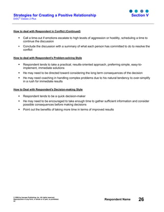 © 2006 by Inscape Publishing, Inc. All rights reserved.
Reproduction in any form, in whole or in part, is prohibited.
53
Respondent Name 26
Strategies for Creating a Positive Relationship
DiSC
®
Classic 2 Plus
Section V
How to deal with Respondent in Conflict (Continued)
Call a time-out if emotions escalate to high levels of aggression or hostility, scheduling a time to
continue the discussion
Conclude the discussion with a summary of what each person has committed to do to resolve the
conflict
How to deal with Respondent's Problem-solving Style
Respondent tends to take a practical, results-oriented approach, preferring simple, easy-to-
implement, immediate solutions
He may need to be directed toward considering the long term consequences of the decision
He may need coaching in handling complex problems due to his natural tendency to over-simplify
in a rush for immediate results
How to Deal with Respondent's Decision-making Style
Respondent tends to be a quick decision-maker
He may need to be encouraged to take enough time to gather sufficient information and consider
possible consequences before making decisions
Point out the benefits of taking more time in terms of improved results
 