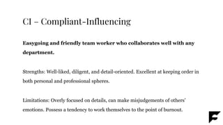 CI – Compliant-Influencing
Easygoing and friendly team worker who collaborates well with any
department.
Strengths: Well-liked, diligent, and detail-oriented. Excellent at keeping order in
both personal and professional spheres.
Limitations: Overly focused on details, can make misjudgements of others’
emotions. Possess a tendency to work themselves to the point of burnout.
 