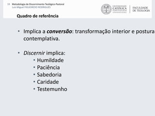 Quadro de referênciaImplica a conversão: transformação interior e postura contemplativa.Discernir implica:HumildadePaciênciaSabedoriaCaridadeTestemunho