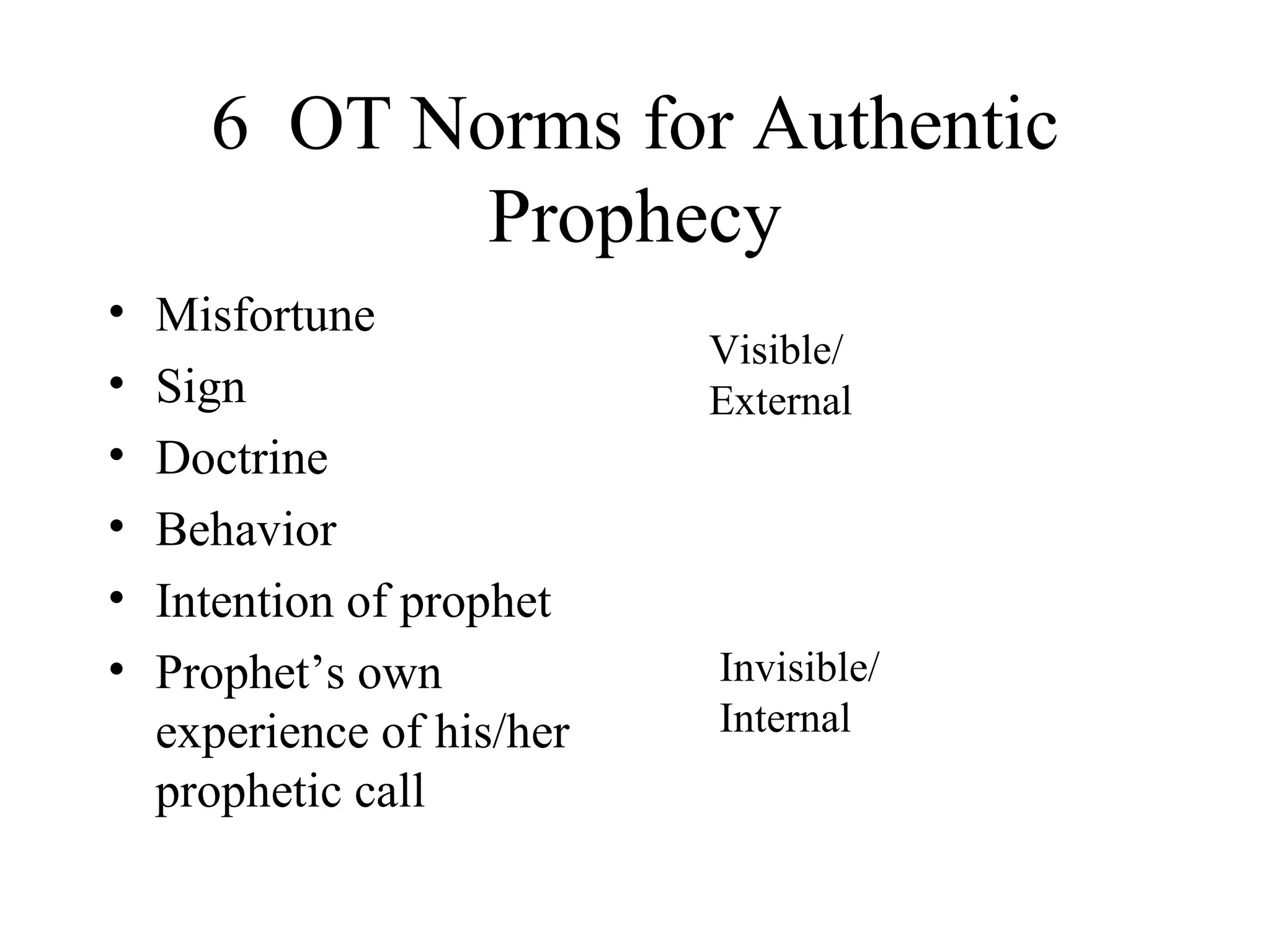 6 OT Norms for Authentic
             Prophecy
•   Misfortune
                            Visible/
•   Sign                    External
•   Doctrine
•   Behavior
•   Intention of prophet
•   Prophet’s own           Invisible/
    experience of his/her   Internal
    prophetic call
 