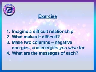Exercise
1. Imagine a difficult relationship
2. What makes it difficult?
3. Make two columns – negative
energies, and energies you wish for
4. What are the messages of each?
 