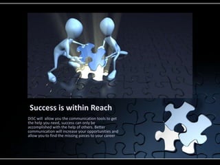Success is within Reach
DiSC will allow you the communication tools to get
the help you need, success can only be
accomplished with the help of others. Better
communication will increase your opportunities and
allow you to find the missing pieces to your career
 