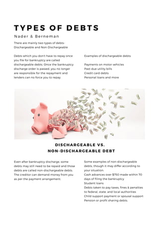 T Y P E S O F D E B T S
N a d e r & B e r n e m a n
There are mainly two types of debts-
Dischargeable and Non-Dischargeable
Debts which you don't have to repay once
you file for bankruptcy are called
dischargeable debts. Once the bankruptcy
discharge order is passed, you no longer
are responsible for the repayment and
lenders can no force you to repay.
Examples of dischargeable debts:
Payments on motor vehicles
Past-due utility bills
Credit card debts
Personal loans and more
Even after bankruptcy discharge, some
debts may still need to be repaid and those
debts are called non-dischargeable debts.
The creditor can demand money from you
as per the payment arrangement.
DISCHARGEABLE VS.
NON-DISCHARGEABLE DEBT
Some examples of non-dischargeable
debts, though it may differ according to
your situation:
Cash advances over $750 made within 70
days of filing the bankruptcy
Student loans
Debts taken to pay taxes, fines & penalties
to federal, state, and local authorities
Child support payment or spousal support
Pension or profit sharing debts.
 
