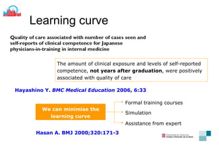 Learning curve The amount of clinical exposure and levels of self-reported competence,  not years after graduation , were positively associated with quality of care Hayashino Y.  BMC Medical Education  2006, 6:33 Hasan A. BMJ 2000;320:171-3 We can minimise the learning curve Formal training courses Simulation Assistance from expert 