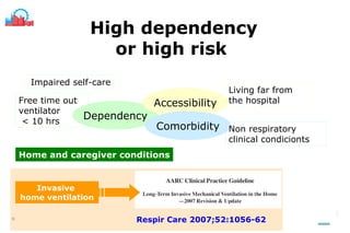 High dependency or high risk   Impaired self-care Free time out ventilator < 10 hrs Dependency Accessibility Living far from the hospital Comorbidity Non respiratory clinical condicionts Home and caregiver conditions Respir Care 2007; 52:1056-62 Invasive  home ventilation 