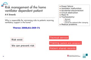 Power failure Ventilator malfunction Accidental disconnection Circuit obstruction Mask fit Tracheostomy: Blocked Falls out Cannot be replaced after changing Medical problems Thorax 2006;61:369-71 Risk exist We can prevent risk Tecnical service Training  (patient and caregiver) Patient shared records 