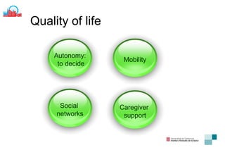 Quality of life Autonomy: to decide Mobility Social  networks Caregiver  support 