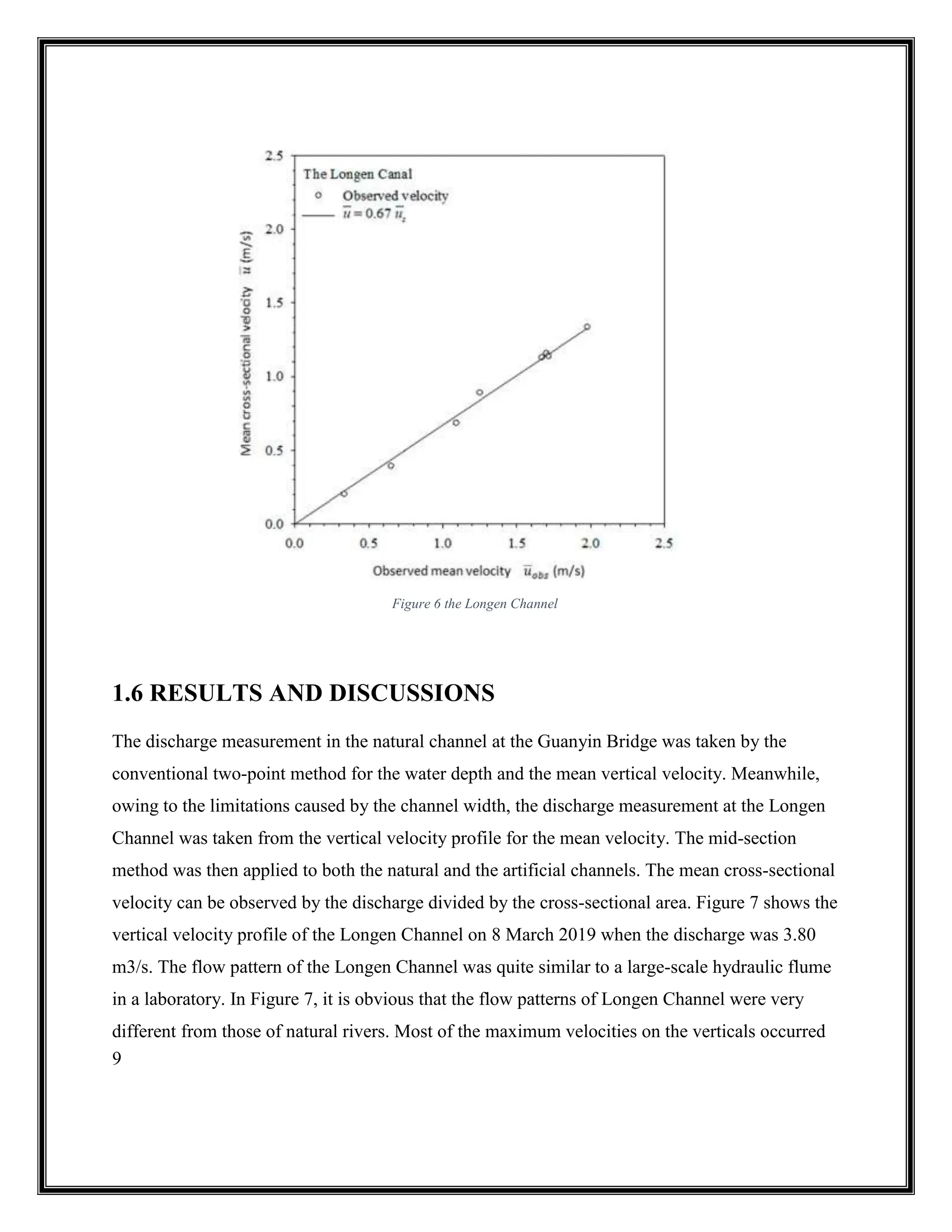 9
1.6 RESULTS AND DISCUSSIONS
The discharge measurement in the natural channel at the Guanyin Bridge was taken by the
conventional two-point method for the water depth and the mean vertical velocity. Meanwhile,
owing to the limitations caused by the channel width, the discharge measurement at the Longen
Channel was taken from the vertical velocity profile for the mean velocity. The mid-section
method was then applied to both the natural and the artificial channels. The mean cross-sectional
velocity can be observed by the discharge divided by the cross-sectional area. Figure 7 shows the
vertical velocity profile of the Longen Channel on 8 March 2019 when the discharge was 3.80
m3/s. The flow pattern of the Longen Channel was quite similar to a large-scale hydraulic flume
in a laboratory. In Figure 7, it is obvious that the flow patterns of Longen Channel were very
different from those of natural rivers. Most of the maximum velocities on the verticals occurred
Figure 6 the Longen Channel
 