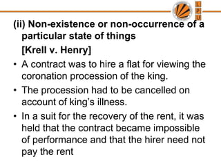 Cases of Subsequent impossibilityDestruction of subject matter of contract[Case: Taylor v. Caldwel ]	A music hall was agreed to be let out on certain dates, but before those dates it wasdestroyed by fire. 	Held, that the owner was absolved from liability to let the building aspromised