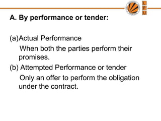A. By performance or tender:Actual Performance     When both the parties perform their promises.(b) Attempted Performance or tender     Only an offer to perform the obligation under the contract.