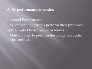 A. By performance or tender:
(a) Actual Performance
When both the parties perform their promises.
(b) Attempted Performance or tender
Only an offer to perform the obligation under
the contract.
 