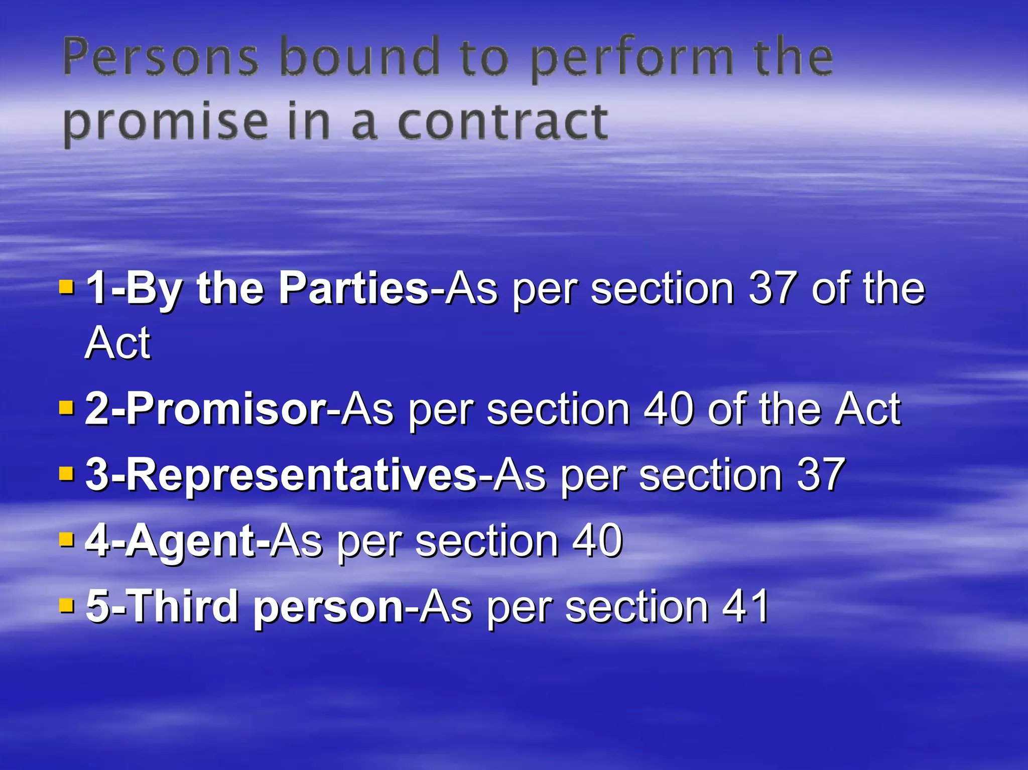 1-By the Parties-As per section 37 of the
Act
2-Promisor-As per section 40 of the Act
3-Representatives-As per section 37
4-Agent-As per section 40
5-Third person-As per section 41
 