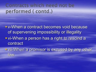 v-When a contract becomes void because
of supervening impossibility or illegality
vi-When a person has a right to rescind a
contract
vii-When a promisor is excused by any other
law
 