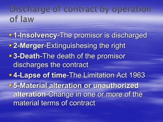 1-Insolvency-The promisor is discharged
2-Merger-Extinguishesing the right
3-Death-The death of the promisor
discharges the contract
4-Lapse of time-The Limitation Act 1963
5-Material alteration or unauthorized
alteration-Change in one or more of the
material terms of contract
 