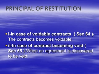I-In case of voidable contracts ( Sec 64 )-
The contracts becomes voidable
ii-In case of contract becoming void (
Sec 65 )-When an agreement is discovered
to be void
 