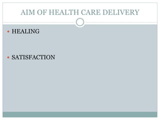 AIM OF HEALTH CARE DELIVERY
 HEALING
 SATISFACTION
 
