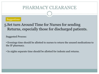 PHARMACY CLEARANCE
5.Set turn Around Time for Nurses for sending
Returns, especially those for discharged patients.
Suggestions
Suggested Process:
• Evenings time should be allotted to nurses to return the unused medications to
the IP pharmacy.
• In nights separate time should be allotted for indents and returns.
 