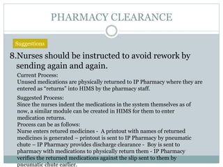 PHARMACY CLEARANCE
8.Nurses should be instructed to avoid rework by
sending again and again.
Suggestions
Current Process:
Unused medications are physically returned to IP Pharmacy where they are
entered as “returns” into HIMS by the pharmacy staff.
Suggested Process:
Since the nurses indent the medications in the system themselves as of
now, a similar module can be created in HIMS for them to enter
medication returns.
Process can be as follows:
Nurse enters retured medicines - A printout with names of returned
medicines is generated – printout is sent to IP Pharmacy by pneumatic
chute – IP Pharmacy provides discharge clearance - Boy is sent to
pharmacy with medications to physically return them - IP Pharmacy
verifies the returned medications against the slip sent to them by
pneumatic chute earlier.
 