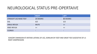 NEUROLOGICAL STATUS PRE-OPERTAIVE
RIGHT LEFT
STRAIGHT LEG RAISE TEST 20 DEGREE 80 DEGREE
EHL 4/5 5/5
ANKLE REFLEX MUTE ++
KNEE REFLEX ++ ++
CLONUS - -
SENSORY DIMINSION AT ANTERO-LATERAL OF LEG, DORSUM OF FOOT AND GREAT TOE SUGESSTIVE OF L5
ROOT COMPRESSION
 