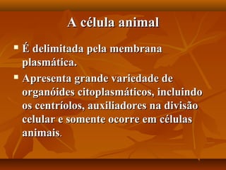 A célula animal
 É delimitada pela membrana
  plasmática.
 Apresenta grande variedade de

  organóides citoplasmáticos, incluindo
  os centríolos, auxiliadores na divisão
  celular e somente ocorre em células
  animais.
 