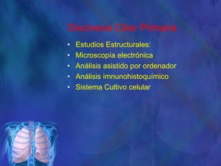 Discinesia Ciliar Primaria
• Estudios Estructurales:
• Microscopía electrónica
• Análisis asistido por ordenador
• Análisis imnunohistoquímico
• Sistema Cultivo celular
 