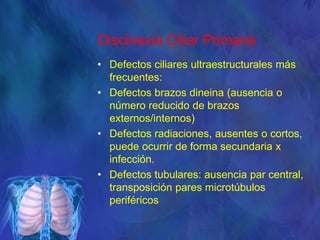 Discinesia Ciliar Primaria
• Defectos ciliares ultraestructurales más
frecuentes:
• Defectos brazos dineina (ausencia o
número reducido de brazos
externos/internos)
• Defectos radiaciones, ausentes o cortos,
puede ocurrir de forma secundaria x
infección.
• Defectos tubulares: ausencia par central,
transposición pares microtúbulos
periféricos
 